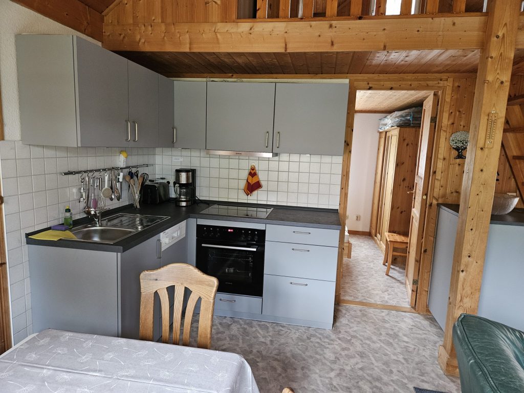 Innenaufnahme vom Ferienhaus Kormoran mit voll ausgestatteter Küchenzeile inclusive Geschirrspüler, Ceran-Kochfeld und Backofen.  