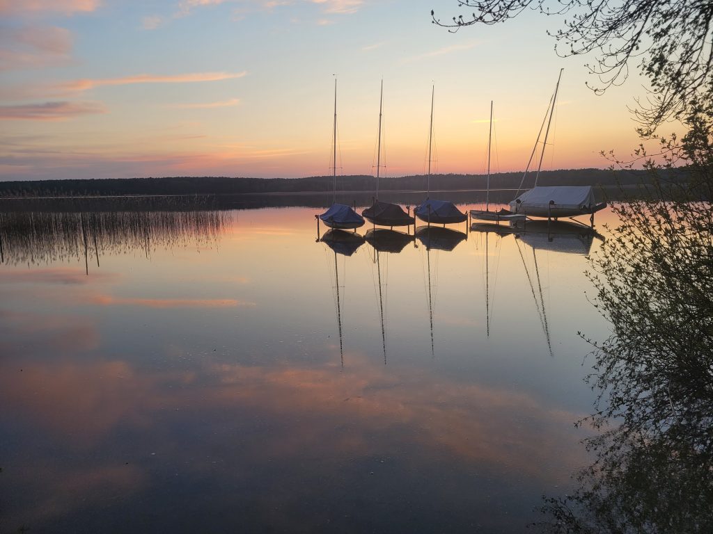 Abgedeckte Segelboote auf dem Useriner See im Müritz-Nationalpark bei Sonnenuntergang.